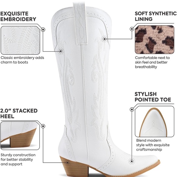 Women’s white Embroidered Knee-High cowboy boots - Picture 8 of 8